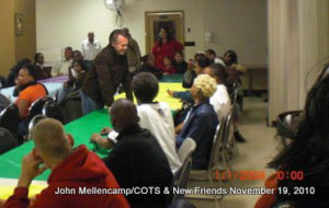 John chatting up the guests he met at the COTS shelter in Detroit.